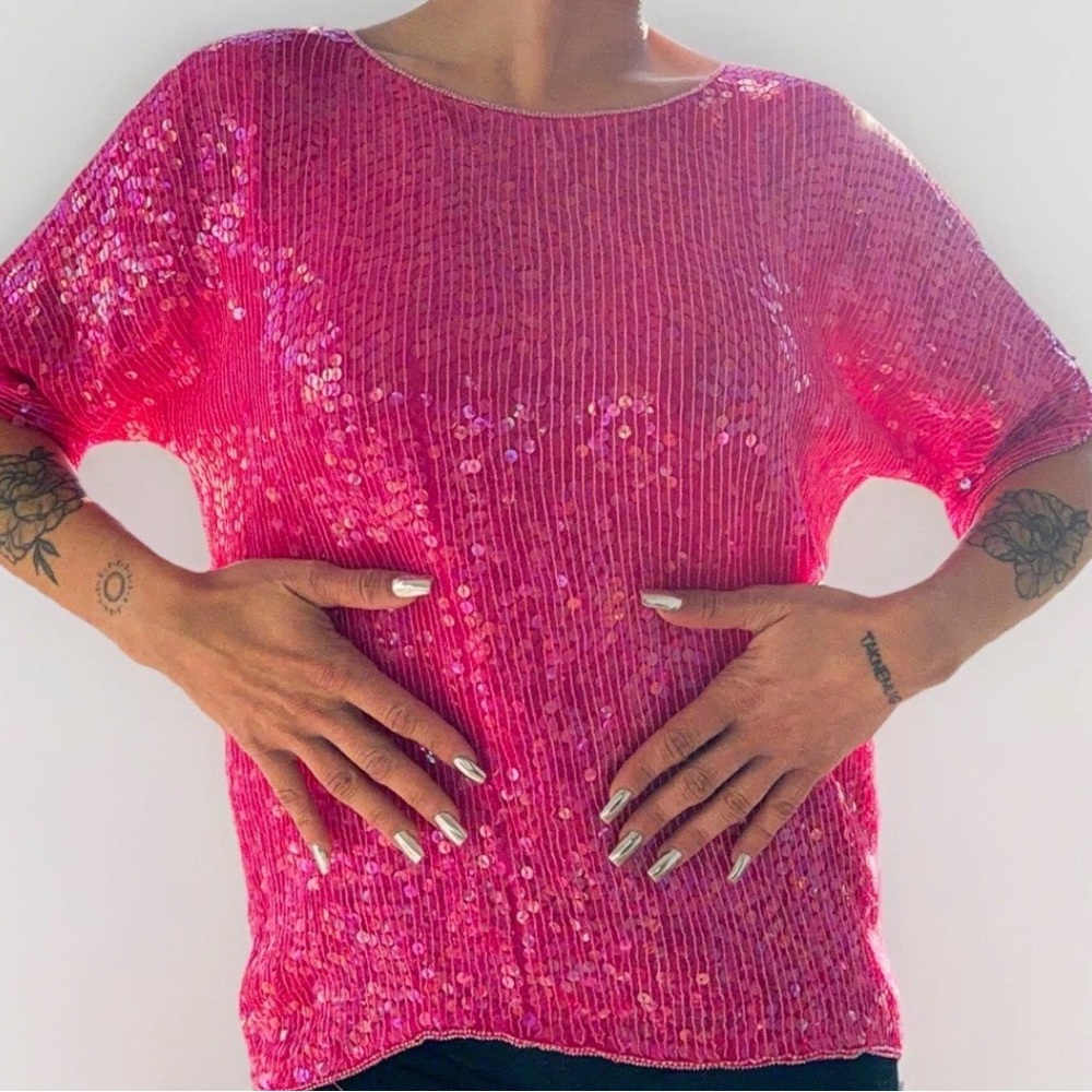 Hot Pink 100% Silk Hand-Embroidered Sequin Top (Made in India)/Statement Vintage